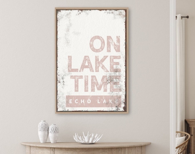 pink "ON LAKE TIME" sign > vintage Echo Lake wall art for modern farmhouse decor, shell pink lakehouse sign, gift for him {brw}