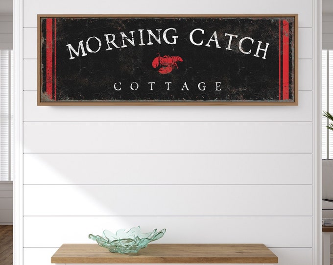 long skinny BEACH HOUSE print, beach sign with lobster icon, personalized canvas print with custom text, red on black beach decor {ctb}