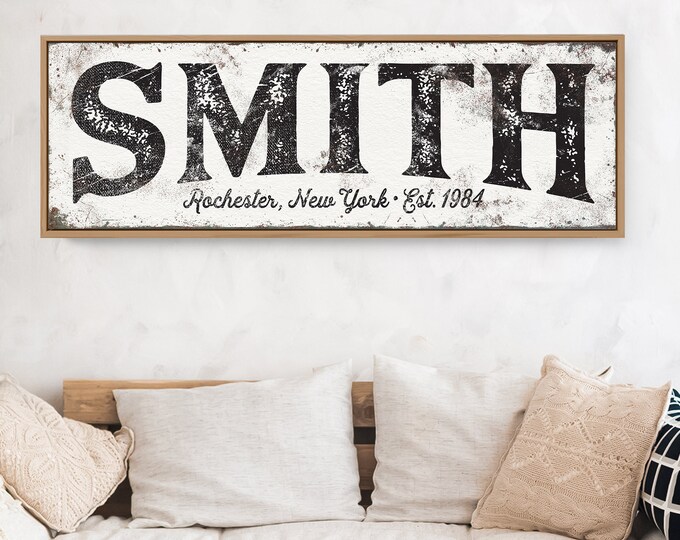 FAMILY NAME farmhouse print, retro canvas sign, personalized last name with town & year established, housewarming gift for friend {s}