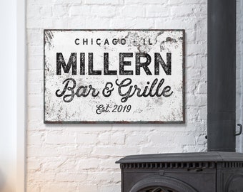 Custom Last Name Sign Modern Farmhouse, Rustic White Vintage, Family Name Canvas, Personalized Bar Decor, Unique Gift For Him