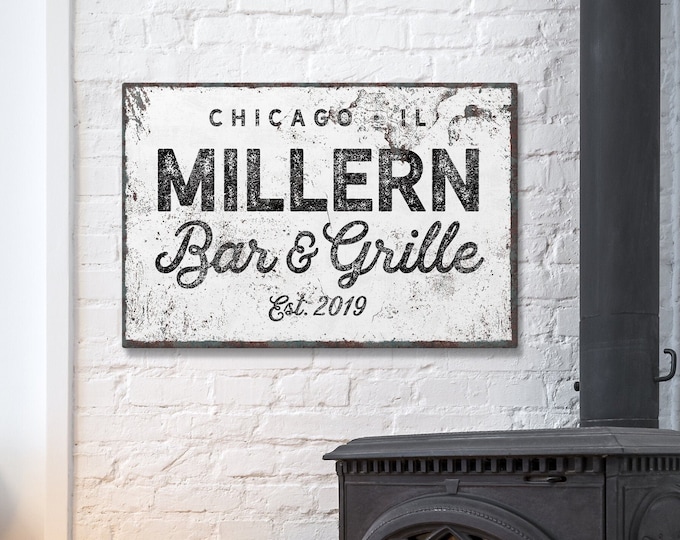 custom LAST NAME sign > Modern farmhouse print • Personalized bar & grille canvas • Rustic white vintage wall decor art {nvw}