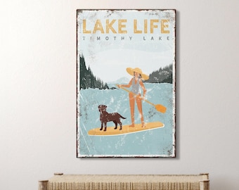 paddleboard LAKE LIFE sign with chocolate lab • personalized dog • SUP Lake Timothy • yellow lake house decor {vpl}