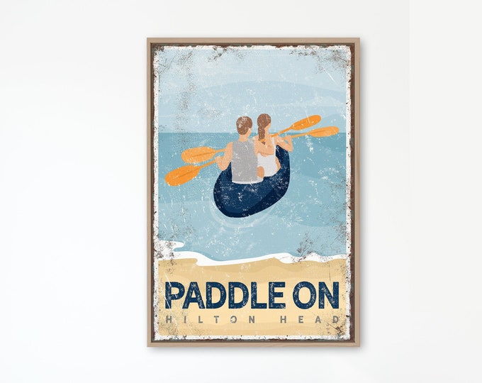 vintage KAYAK sign, PADDLE ON poster with couple kayaking, retro Hilton Head, South Carolina wall art, beach house gift for couple {vpb}