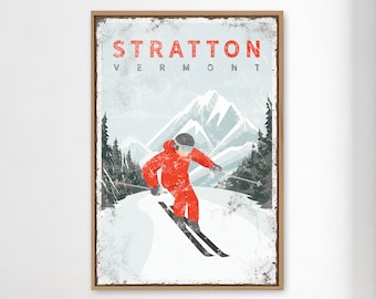 vintage ski sign canvas > distressed skiing poster for VERMONT ski house decor, personalized STRATTON wall art (custom ski mountain) {vpw}