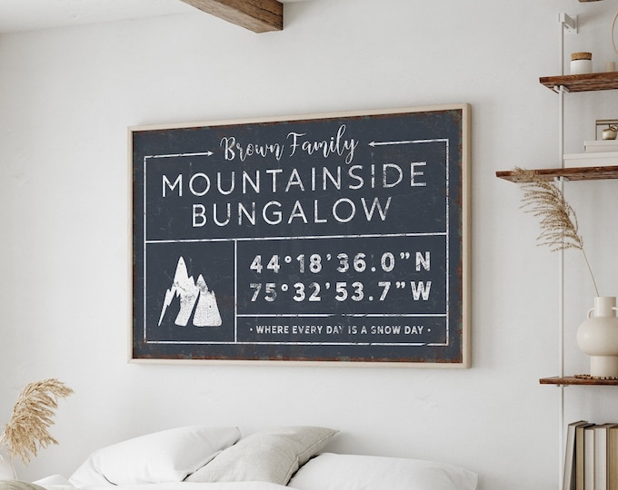 vintage SKI LODGE sign, personalized last name canvas, winter wall art, custom coordinates with ski mountain, vintage farmhouse decor {gdb}