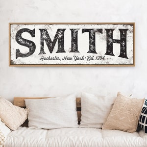 FAMILY NAME farmhouse print, retro canvas sign, personalized last name with town & year established, housewarming gift for friend {s}