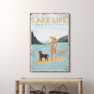 paddleboard LAKE LIFE sign with chocolate lab • personalized dog • SUP Lake Timothy • yellow lake house decor {vpl}