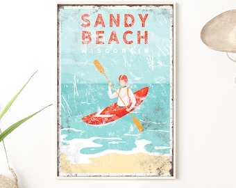 vintage beachhouse decor > kayaking wall art canvas for nautical beach house decor, kayak artwork, Sandy Beach sign, Nevada art print {vpb}