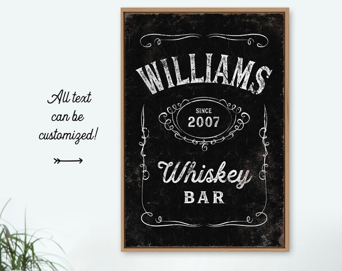 vintage WHISKEY BAR sign > custom distressed canvas print for farmhouse bar decor, personalized whiskey label poster