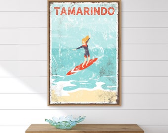 vintage Costa Rica sign for beach house decor > personalized ocean surf canvas poster for nautical beachhouse, Tamarindo sign print {vpb}
