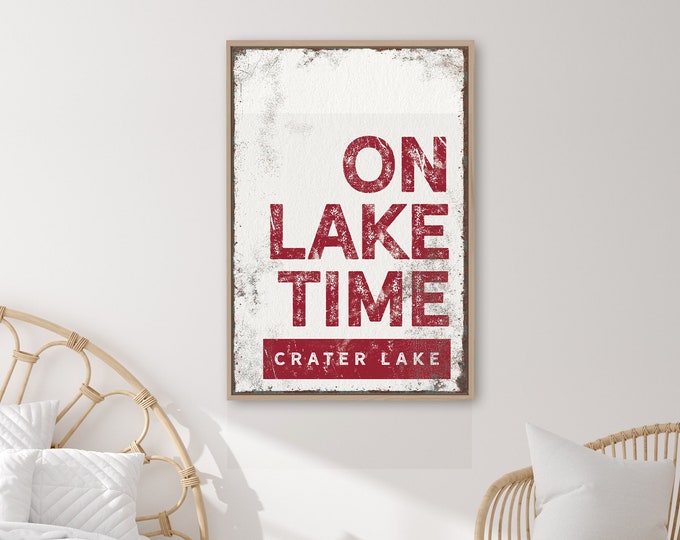 dark red "ON LAKE TIME" sign > vintage Crater Lake art for dark red lakehouse decor, xl framed canvas, modern farmhouse sign {brw}