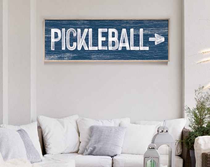 Large PICKLEBALL sign with arrow > vintage pickleball directional art, navy blue pickleball sign, horizontal pickleball sign {pwo}