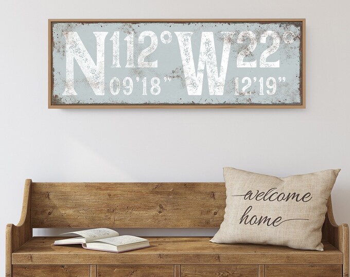 Custom GPS Coordinates Sign, Lake House Decor, smoke gray Vintage Typography Wall Art Print, Large Canvas for Modern Farmhouse {gsb}