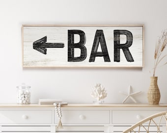 Vintage BAR sign with arrow > large distressed black and white bar decor, faux weathered wood print, home bar wall art for above couch {pww}