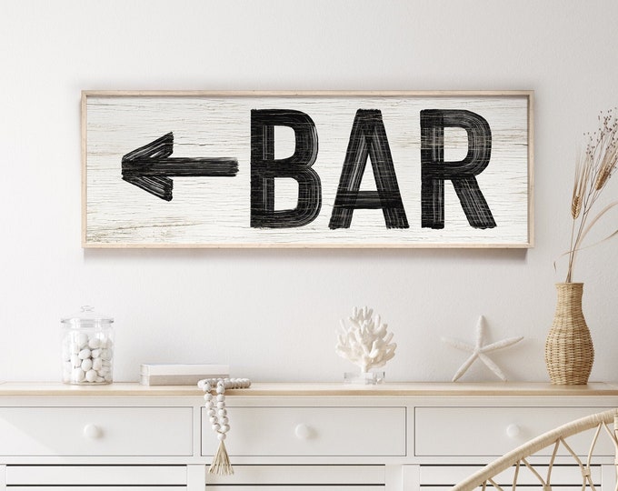 Vintage BAR sign with arrow > large distressed black and white bar decor, faux weathered wood print, home bar wall art for above couch {pww}