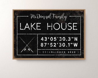 custom LAKEHOUSE sign > personalized fishing canvas with family name, coordinates and year established, vintage lake house decor {gdb}