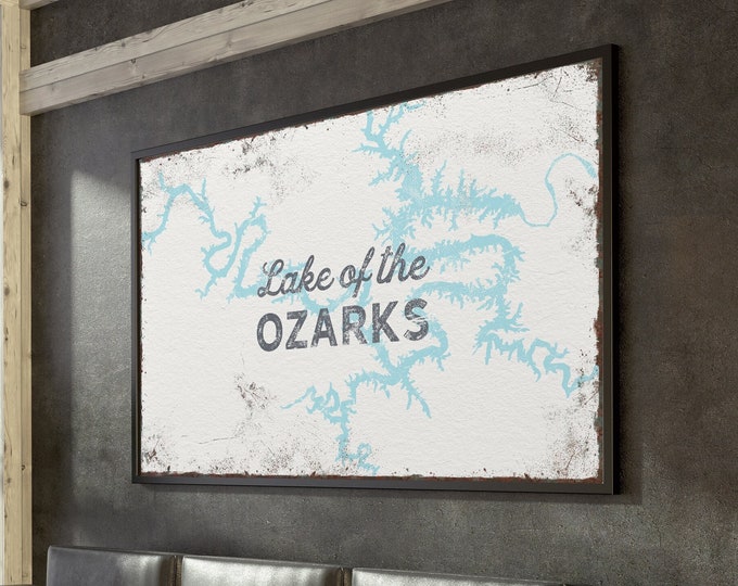 LAKE of the OZARKS poster > oversized framed canvas sign for lakehouse decor, large personalized wall art of Ozark Lake {lsw}