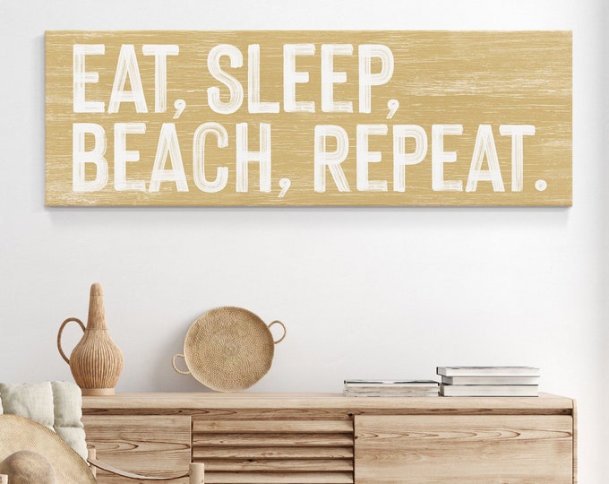 Vintage BEACH HOUSE sign > Eat, Sleep, Beach, Repeat canvas, butternut yellow wall art, coastal wall art, Faux weathered wood canvas {pwo}