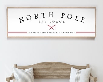 north pole SKI LODGE sign > minimalist white holiday decor, red skis and stripe, large christmas canvas art print for farmhouse decor {xms}