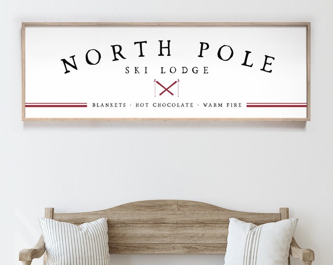 north pole SKI LODGE sign > minimalist white holiday decor, red skis and stripe, large christmas canvas art print for farmhouse decor {xms}