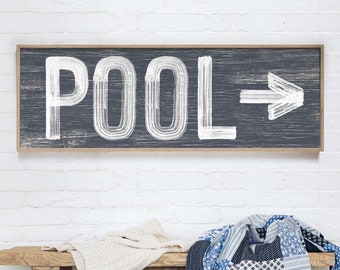 Large POOL sign with arrow > vintage pool directional art, hale navy sign for above door or above couch, gift for new homeowners {pwo}