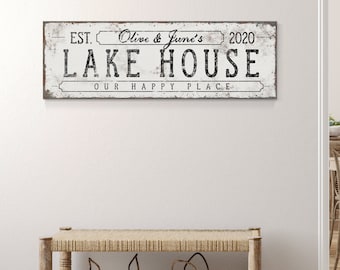 personalized LAKE HOUSE sign • vintage black and white farmhouse decor • lakehouse wall art gift from realtor {svw}