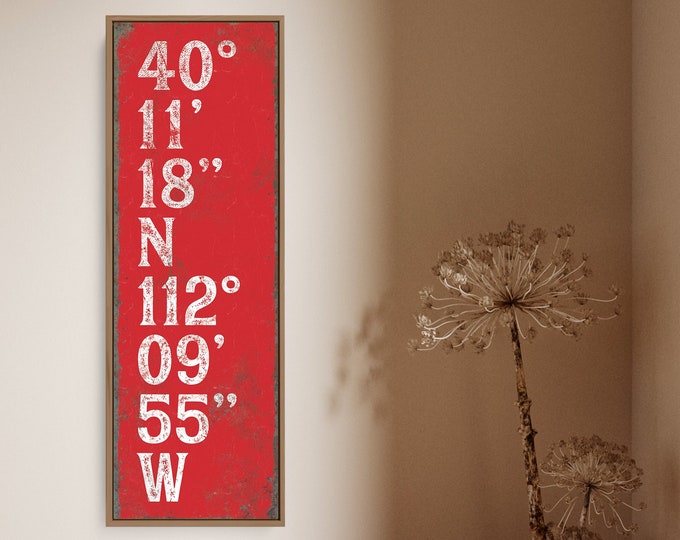 custom Bright Red and White Coordinates Sign, Tall & Narrow Framed Canvas Art Print, Typography Wall Art for Modern Farmhouse Decor {tgb}