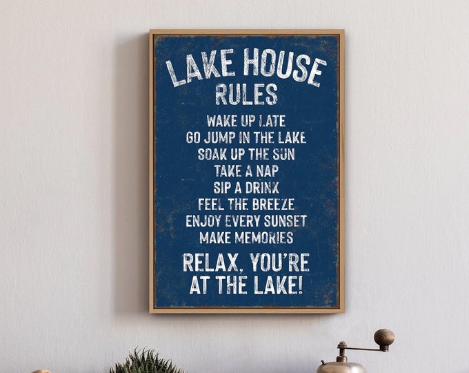 vintage "lake house rules" sign > navy blue sign art print, custom lakehouse decor, distressed lake house gift, vacation rental decor