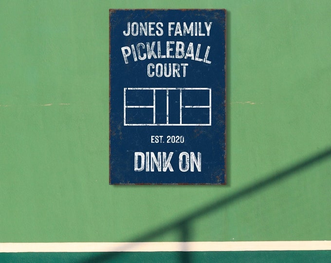 custom PICKLEBALL GIFT, Personalized COURT Sign, Custom Name, Year Established and Colors, Navy Blue and White - Dink On!