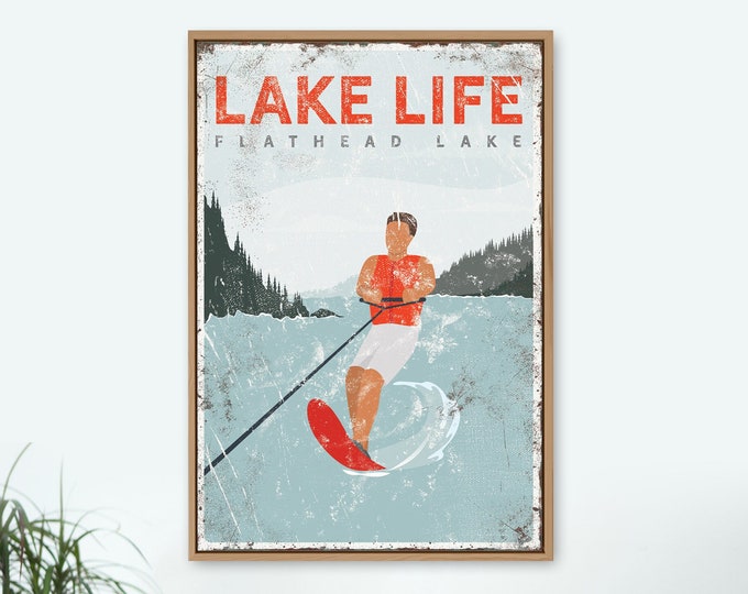 red LAKE LIFE sign > personalized water skiing poster for vintage lake house decor, slalom water ski gift for him, Flathead Lake art {vpl}