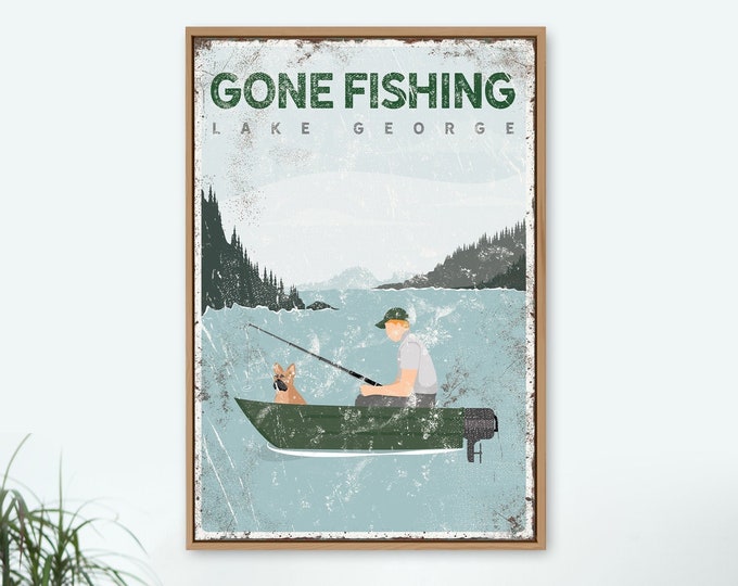 personalized fishing sign • forest green boat, boating with with dog • frenchie dad gift idea for him • vintage Lake George decor {vpl}