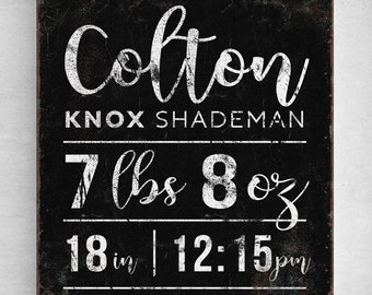 vintage baby birth stats sign > personalized nursery decor poster, distressed black farmhouse decor, custom boy's room wall art print