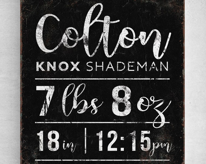 vintage baby birth stats sign > personalized nursery decor poster, distressed black farmhouse decor, custom boy's room wall art print