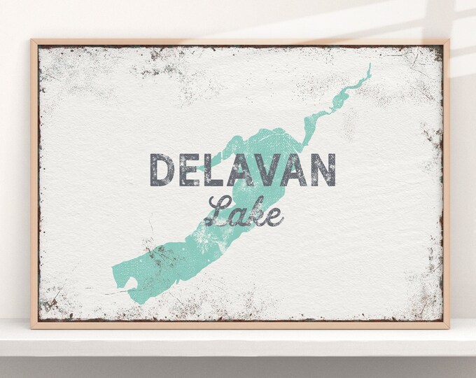 Custom DELAVAN LAKE Poster, Large Framed Canvas Art Print for Lake House Decor, Personalized Seafoam Green Wall Art, Wisconsin Sign {lsw}