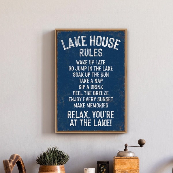 vintage "lake house rules" sign > navy blue sign art print, custom lakehouse decor, distressed lake house gift, vacation rental decor