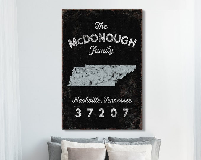 custom FAMILY NAME sign > boho farmhouse decor, family name with custom state art and zip code (Nashville, Tennessee)