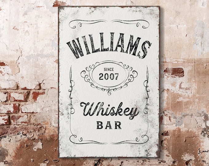 vintage WHISKEY BAR sign > custom distressed canvas print for farmhouse bar decor, personalized whiskey label poster