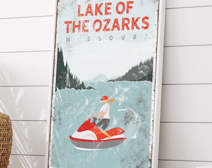 jetski on Lake of the Ozarks sign > custom jetskiing wall art canvas for lakehouse decor, vintage lake poster, modern lake house {VPLJWLRR}