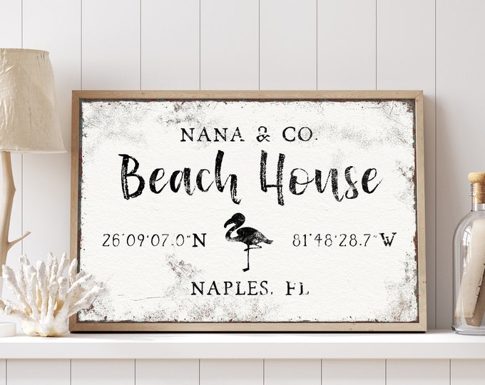 vintage BEACH HOUSE decor > modern latitude & longitude sign, flamingo art print, aged white farmhouse canvas with GPS coordinates {vow}