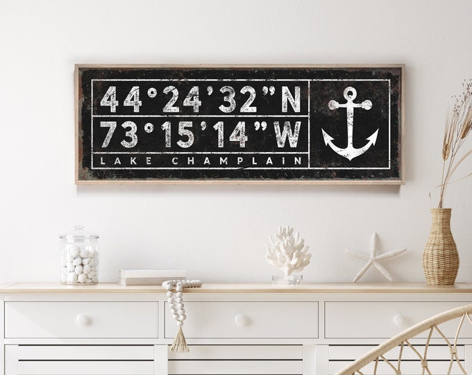 large LAKE HOUSE sign with anchor > vintage coordinates sign for lakehouse decor, personalized coastal art with latitude & longitude {sgb}