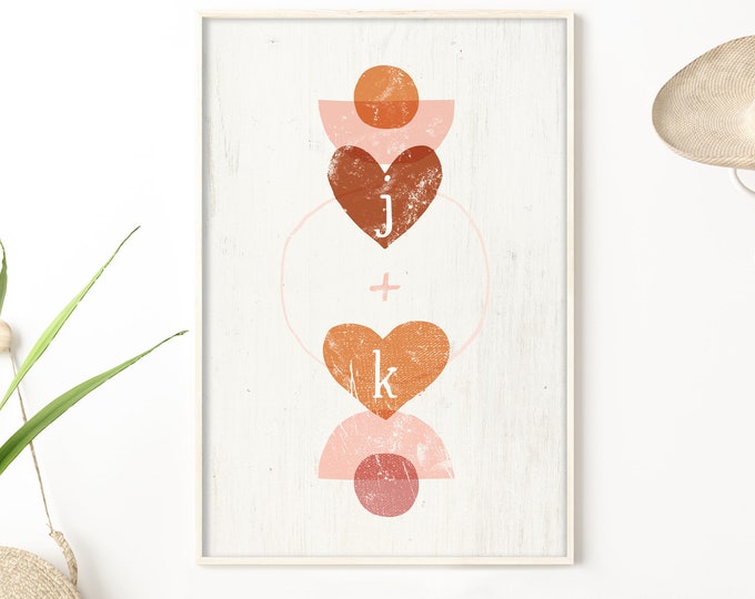 personalized valentine's day decor > custom boho heart sign with initials, vintage gift idea for her, modern abstract wall art {VAL06}