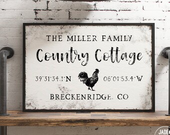 aged white COUNTRY COTTAGE sign > vintage rooster art print with latitude & longitude, chicken canvas print, farmhouse decor with GPS {vow}