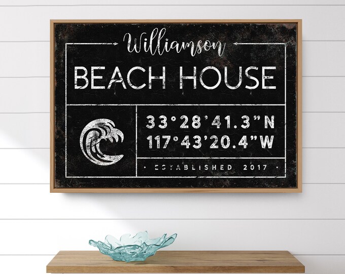 custom BEACH HOUSE decor > personalized family name on beachhouse sign, black farmhouse decor, ocean wave art print {gdb}