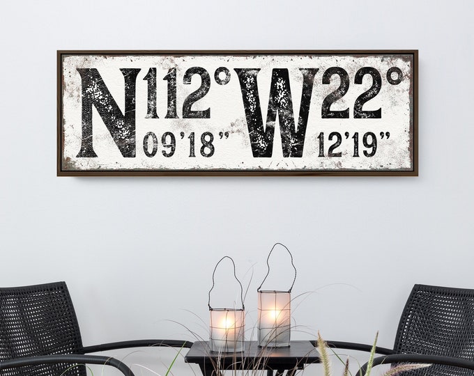 Custom COORDINTAES SIGN, Latitude and Longitude Sign in Black and White, GPS Coordinates Wall Art, Faux Weathered Wood or Rusty Metal {scw}