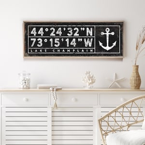 large LAKE HOUSE sign with anchor > vintage coordinates sign for lakehouse decor, personalized coastal art with latitude & longitude {sgb}