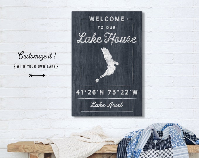 hale LAKE HOUSE sign > custom coordinates canvas, personalized farmhouse art print for lakehouse decor (shown: Lake Ariel) {lgo}