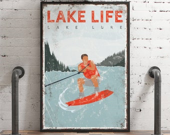 vintage LAKE LIFE sign > personalized wake boarding poster for vintage red lake house decor, wakeboard gift for him, Lake Lure art {vpl}