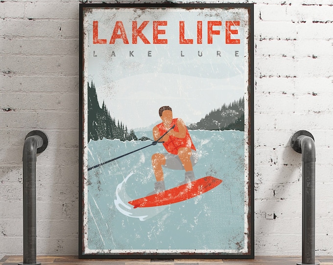 vintage LAKE LIFE sign > personalized wake boarding poster for vintage red lake house decor, wakeboard gift for him, Lake Lure art {vpl}