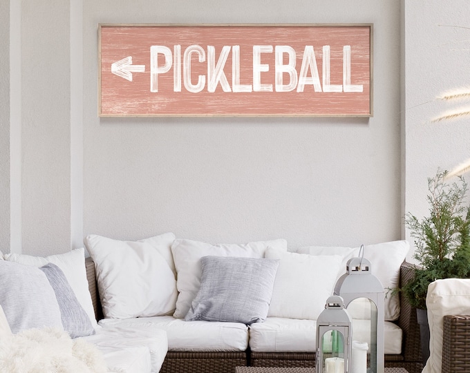 Large horizontal PICKLEBALL sign with arrow > vintage pickleball directional art, coral pink pickleball sign, pickleball wall decor {pwo}