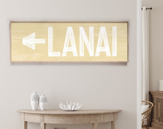 Large horizontal LANAI sign with arrow, vintage lanaidirectional art, yellow sand lanai sign, lanai wall decor {pwo}